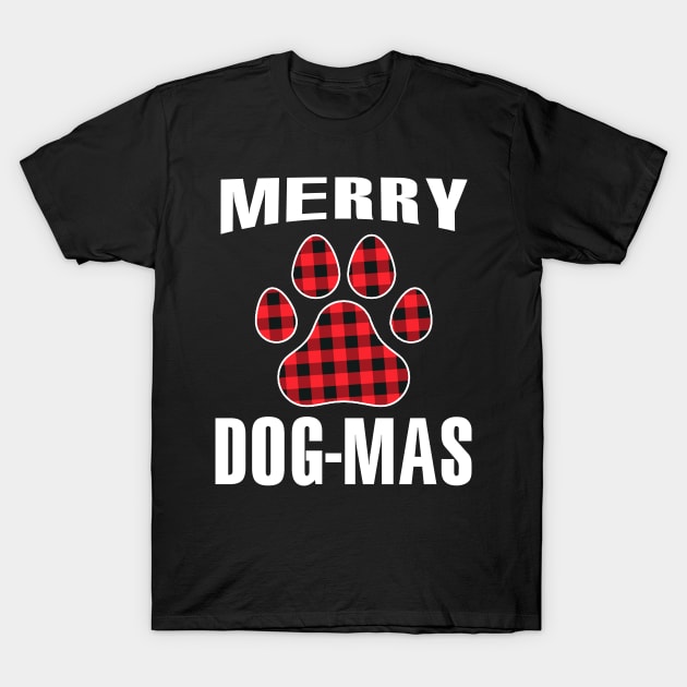 Merry Dog-mas Red Plaid Buffalo Merry Christmas Gift Dog Lover Dog Paw T-Shirt by Nancie